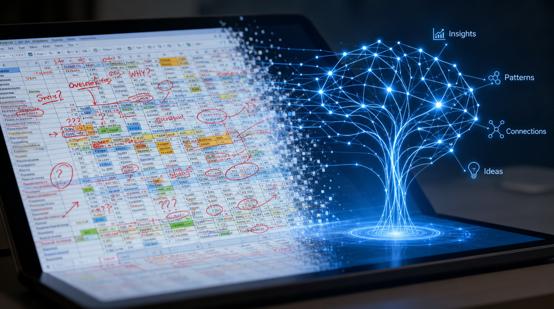 An illustration of messy manual spreadsheets transforming into structured, automated data clusters.