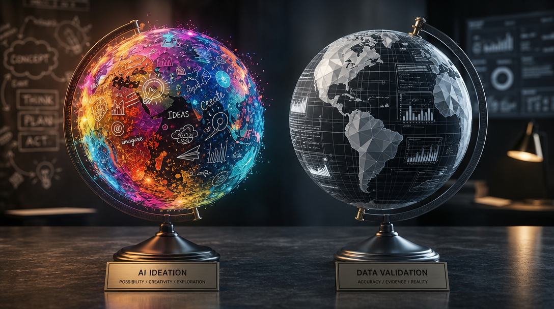 A conceptual image showing two glowing spheres representing ideas side-by-side with hard data metrics.