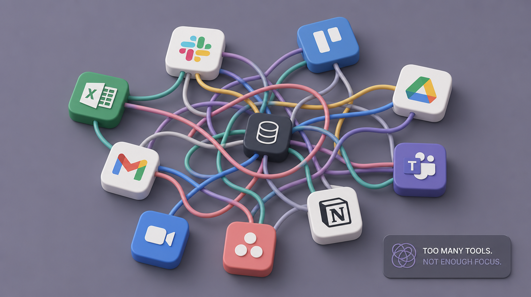 Conceptual illustration of app fatigue and disconnected content tools.