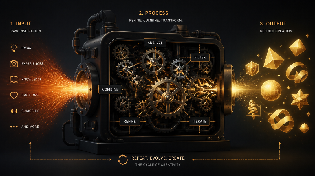Strategic process showing human expertise being fed into a tool to create refined, high-value content.