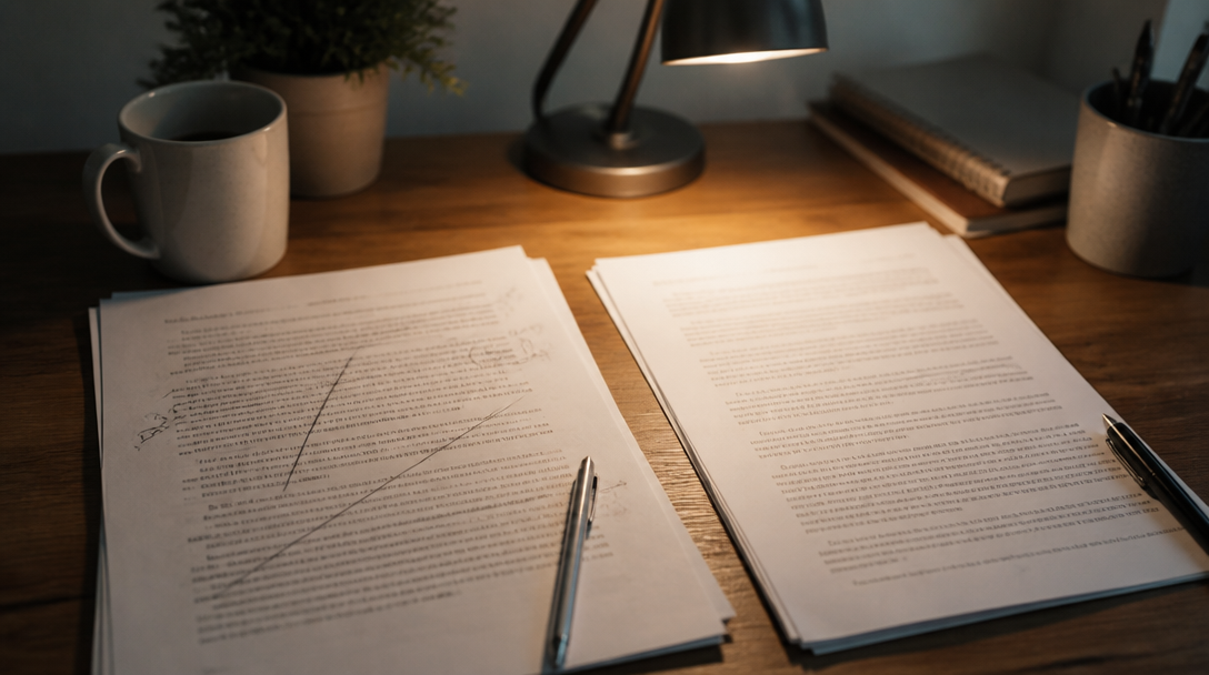 A rewritten draft next to a crossed-out generic page