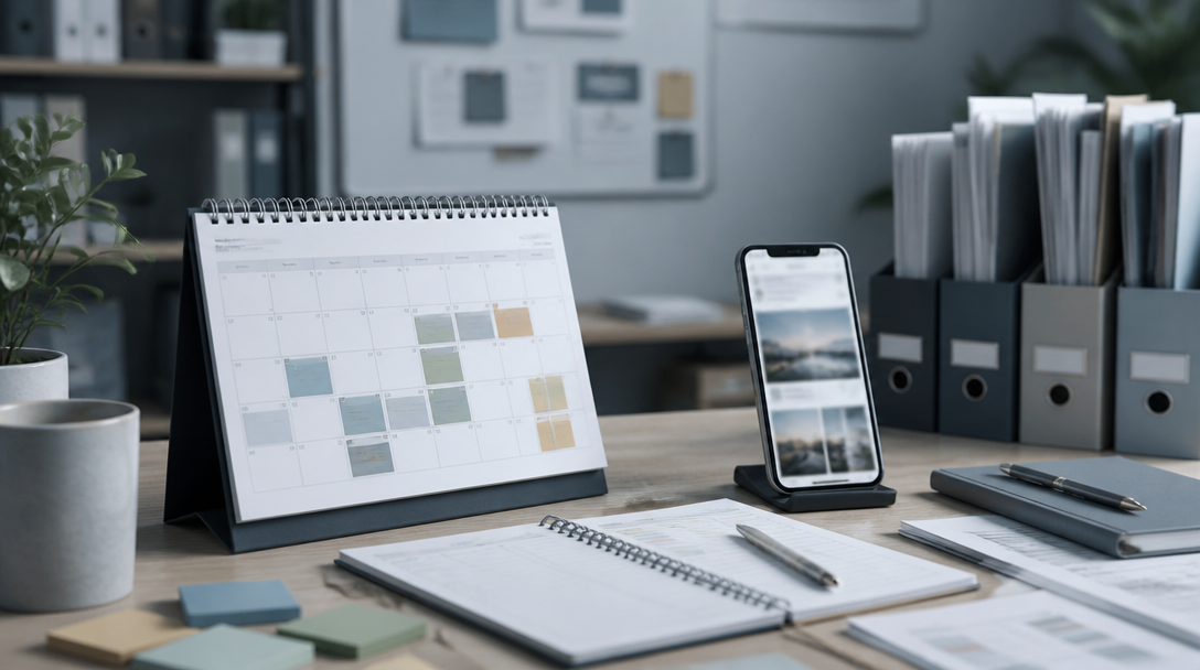 A publishing calendar and social drafts ready for review